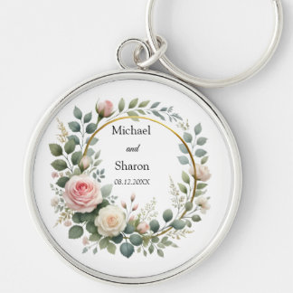 Watercolor Wreath of Soft Pink and White Roses  Key Ring