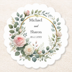 Watercolor Wreath of Soft Pink and White Roses Paper Coaster