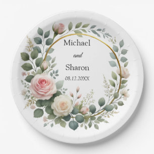 Watercolor Wreath of Soft Pink and White Roses Paper Plate