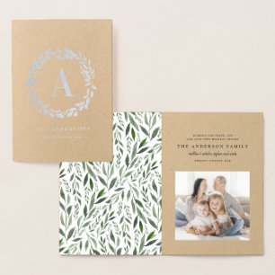Watercolor wreath one photo monogram foil card