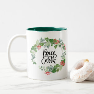 Watercolor Wreath Peace on Earth  Two-Tone Coffee Mug