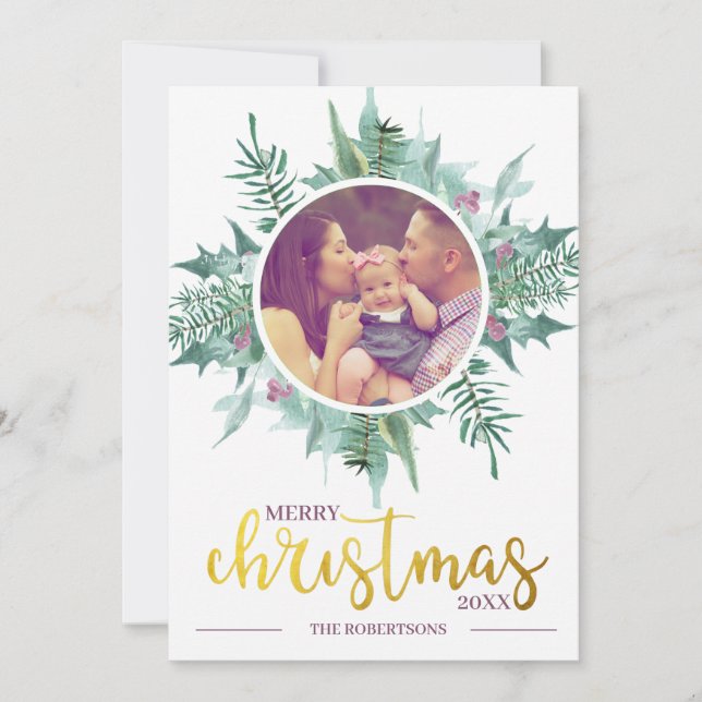Watercolor  Wreath Photo Gold  Merry Christmas Holiday Card (Front)