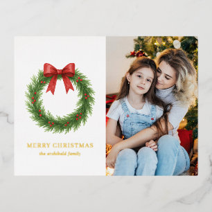 Watercolor Wreath Photo Modern Christmas Foil Holiday Postcard