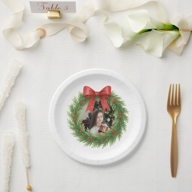 Watercolor Wreath Photo Modern Christmas Paper Plate (Wedding)