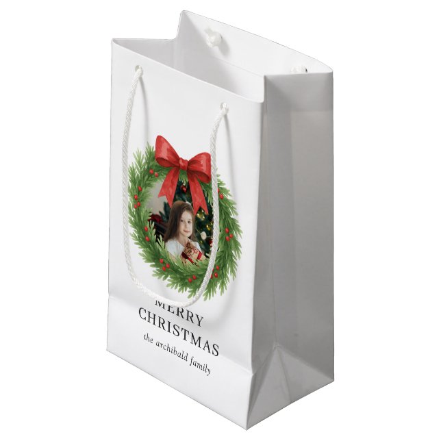 Watercolor Wreath Photo Modern Christmas Small Gift Bag (Front Angled)