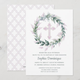 Watercolor Wreath Pink Cross Baptism Invitations