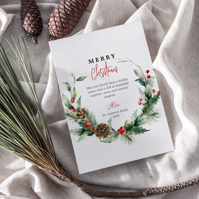 Watercolor Wreath Red Berries Merry Christmas Holiday Card (Creator Uploaded)