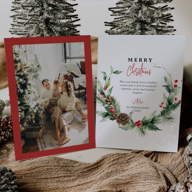 Watercolor Wreath Red Berries Photo Christmas Holiday Card (Creator Uploaded)