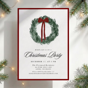 Watercolor Wreath Red Border Christmas Party Invitation