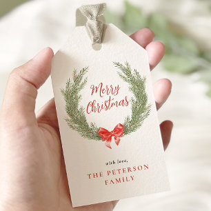 Watercolor Wreath Red Bow Holiday Gift Tags