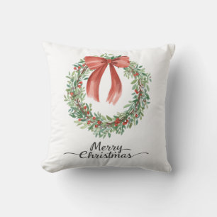 Watercolor Wreath Red Bow Merry Christmas Cushion