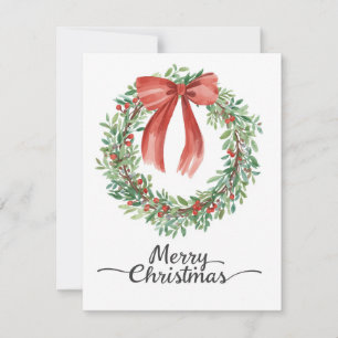 Watercolor Wreath Red Bow Merry Christmas Holiday Card