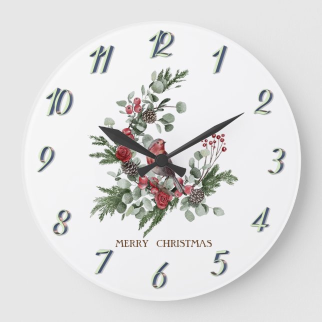 Watercolor Wreath Red Cardinal Christmas   Large Clock (Front)