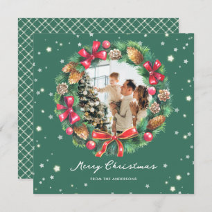 Watercolor Wreath Stars Green Photo Christmas Holiday Card