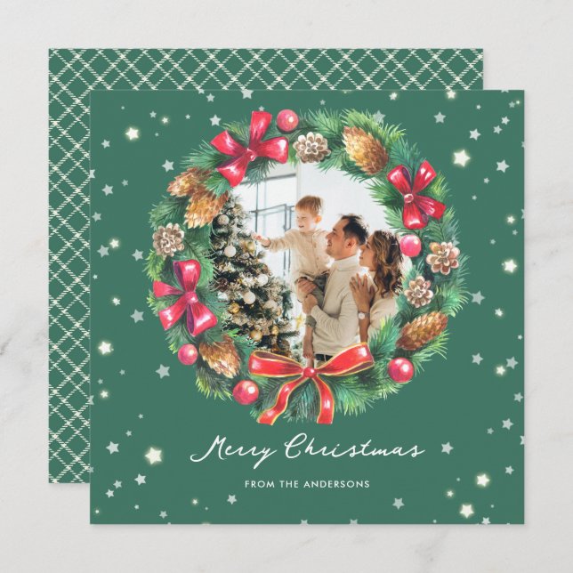Watercolor Wreath Stars Green Photo Christmas Holiday Card (Front/Back)