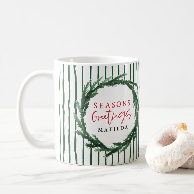 Watercolor wreath & stripe christmas holiday coffee mug (With Donut)