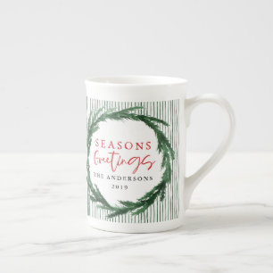 Watercolor wreath + stripe christmas holiday gift bone china mug