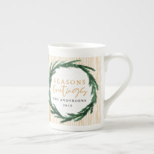 Watercolor wreath + stripe christmas holiday gift bone china mug