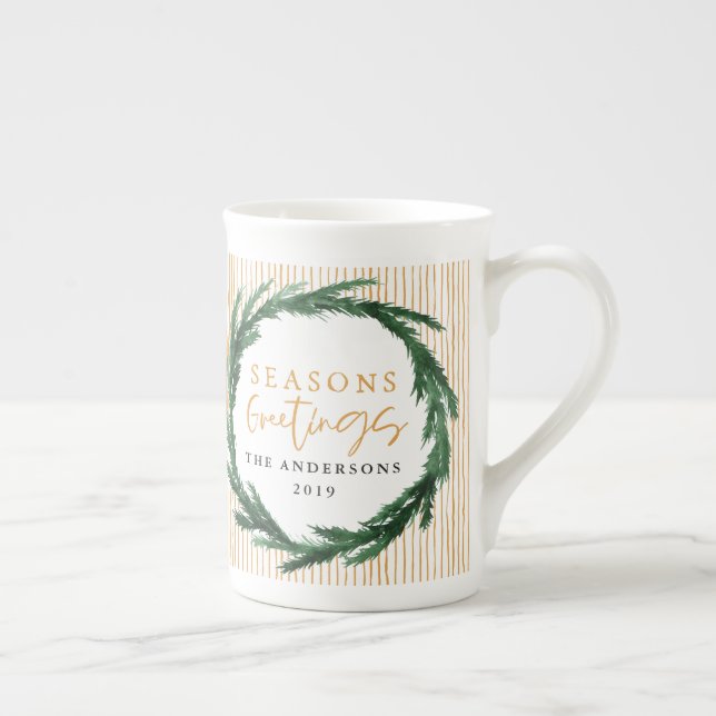 Watercolor wreath + stripe christmas holiday gift bone china mug (Right)