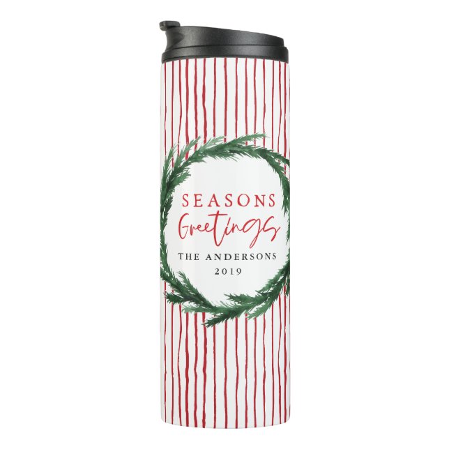 Watercolor wreath + stripe christmas holiday gift thermal tumbler (Rotated Right)