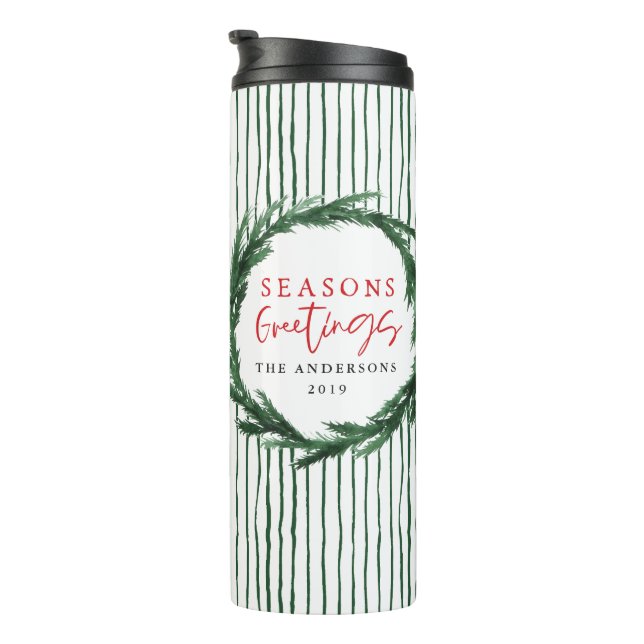 Watercolor wreath + stripe christmas holiday gift thermal tumbler (Rotated Right)
