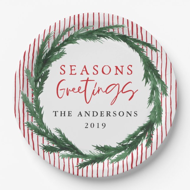 Watercolor wreath + stripe Christmas holiday Paper Plate (Front)
