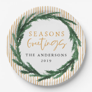 Watercolor wreath + stripe Christmas holiday Paper Plate
