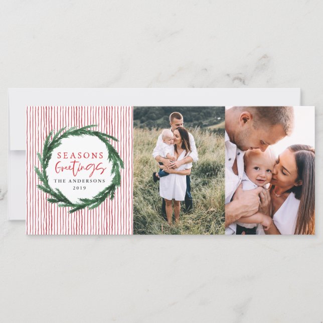 Watercolor wreath + stripe Christmas holiday photo (Front)
