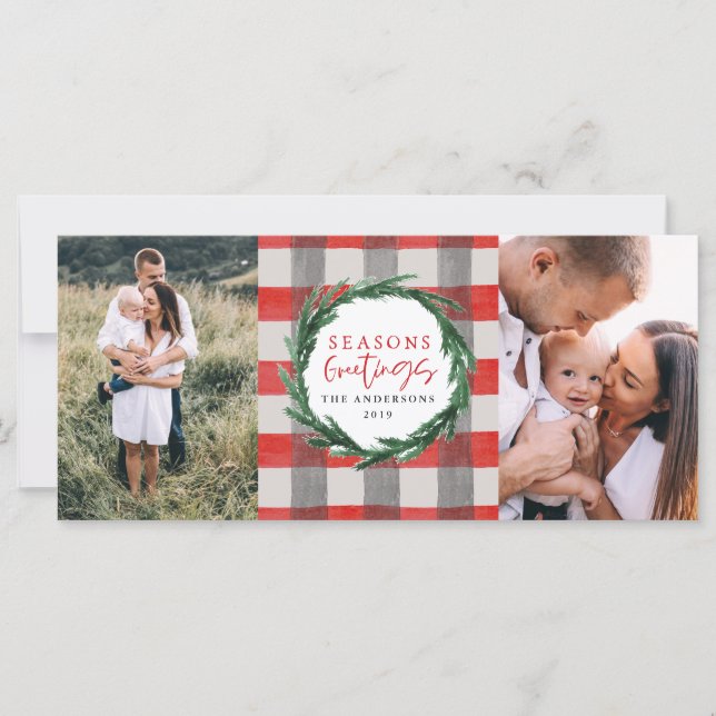 Watercolor wreath + stripe Christmas holiday photo (Front)