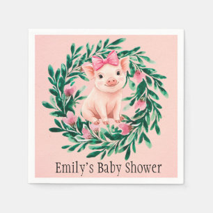Watercolor Wreath with Baby Pig Girl Baby Shower Napkin