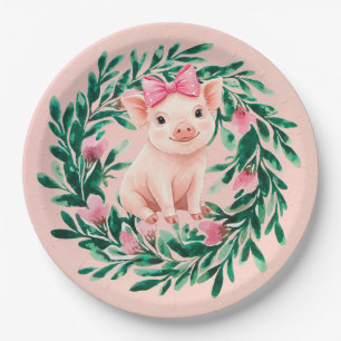 Watercolor Wreath with Baby Pig Girl Baby Shower Paper Plate