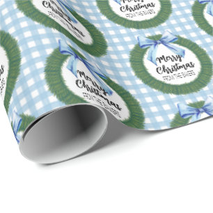 Watercolor Wreath with Blue Bow Christmas Wrapping Paper