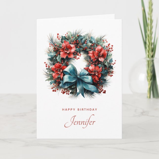 Watercolor Wreath with Holly Birthday Card (Front)