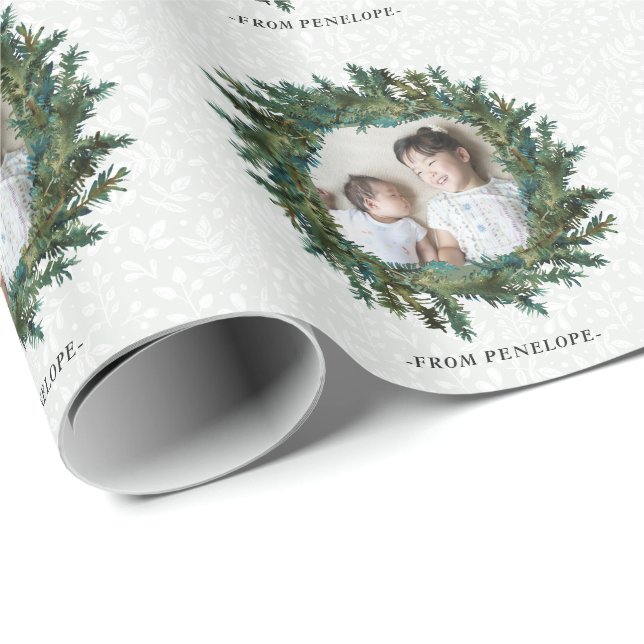 Watercolor Wreath with Photo and Name Christmas Wrapping Paper (Roll Corner)