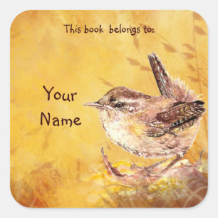 Watercolor Wren Bird This book belongs Bookplate Square Sticker