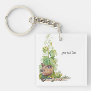 Watercolor Wren Bird Vineyard Grapes Leaves Winery Key Ring