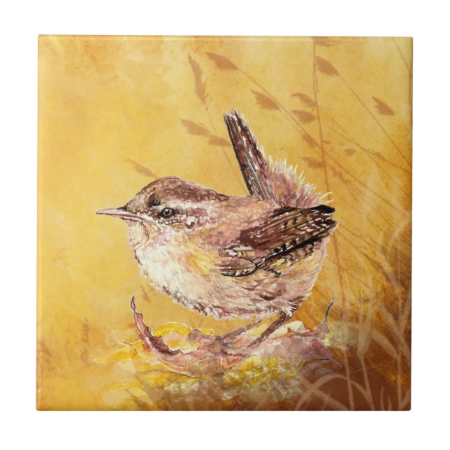 Watercolor Wren Bird Wildlife Art Tile (Front)