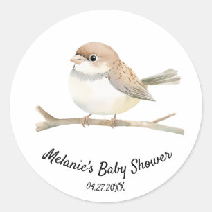 Watercolor Wren on a Branch Baby Shower   Classic Round Sticker