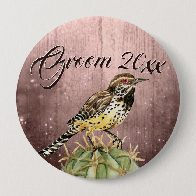 Watercolor Wren on Cactus Wedding 10 Cm Round Badge (Front)