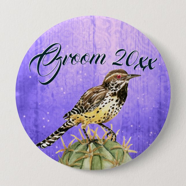 Watercolor Wren on Cactus Wedding 10 Cm Round Badge (Front)