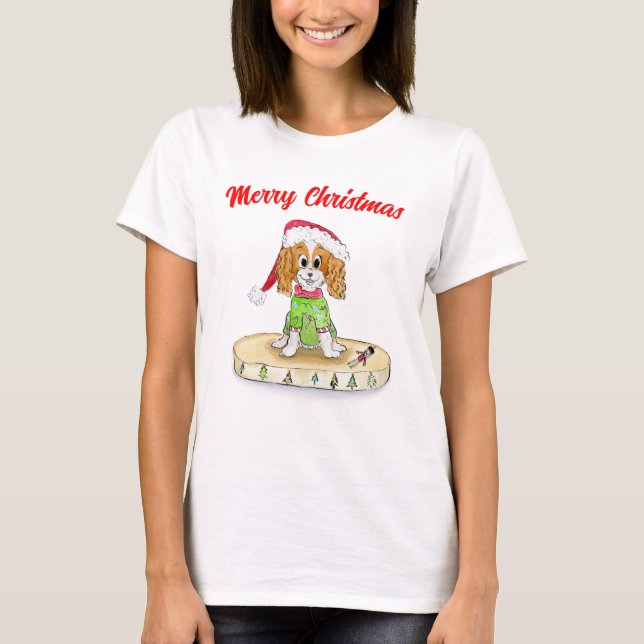 Watercolor Xmas Cavalier King Charles Spaniel   T-Shirt (Front)