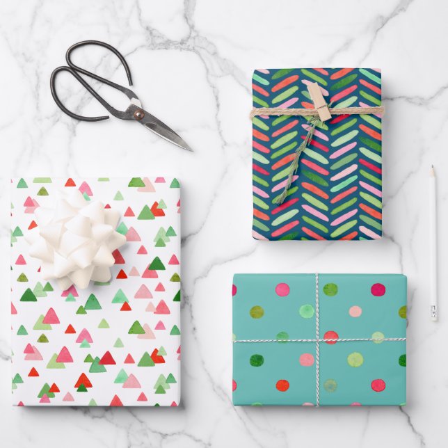 Watercolor Xmas Confetti Triangle Zigzag Dots Wrapping Paper Sheet (Front)