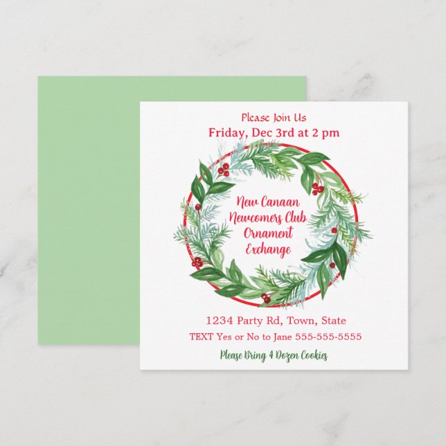 Watercolor Xmas Ornament Exchange Party Invitation (Front/Back)