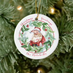 Watercolor Xmas Wreath Vintage Santa FAMILY PHOTO Ceramic Tree Decoration