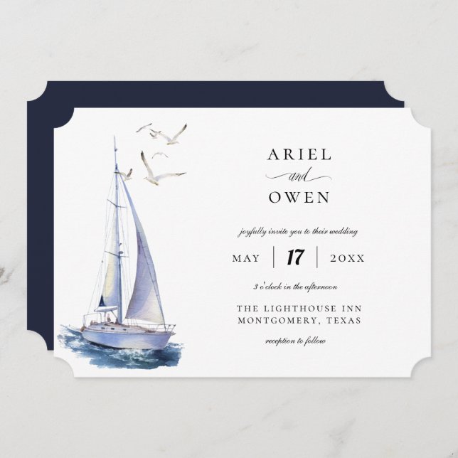 Watercolor Yacht Nautical Theme Wedding Invitation (Front/Back)