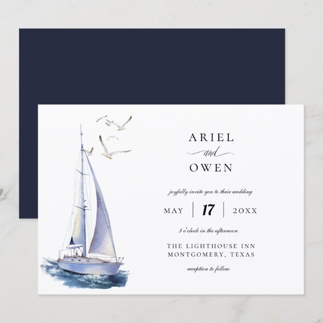 Watercolor Yacht Nautical Theme Wedding Invitation (Front/Back)