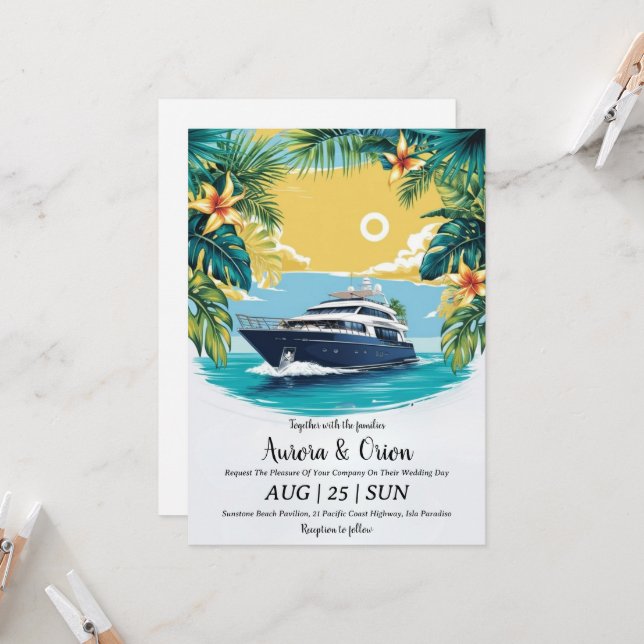 watercolor yacht wedding invitations (Front/Back In Situ)