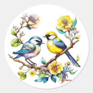 Watercolor Yellow and Blue Birds and Flowers Classic Round Sticker