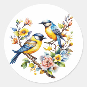 Watercolor Yellow and Blue Birds and Flowers Classic Round Sticker