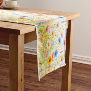 Watercolor Yellow and Blue Wildflower Floral  Short Table Runner